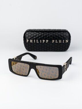 Philipp Plein Men Sunglasses Black Gold Mirror Pattern Rectangle SPP003M 703L